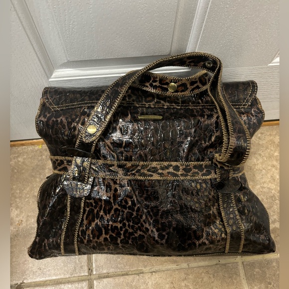 Charlie Lapson Croc Leopard Textured Print Satchel Bag Brass Hardware - Picture 4 of 16